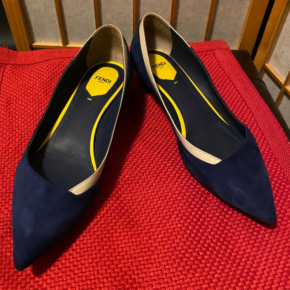 Fendi Navy Blue and Cream Pointed Toe Flats